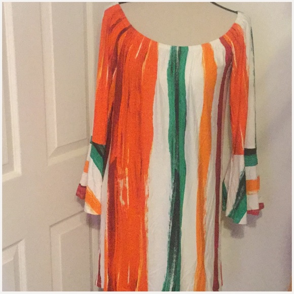 ❌DONATED❌Orange Multi-Color Stripe Off The Shoulders Bell Sleeve Dress - Picture 4 of 9